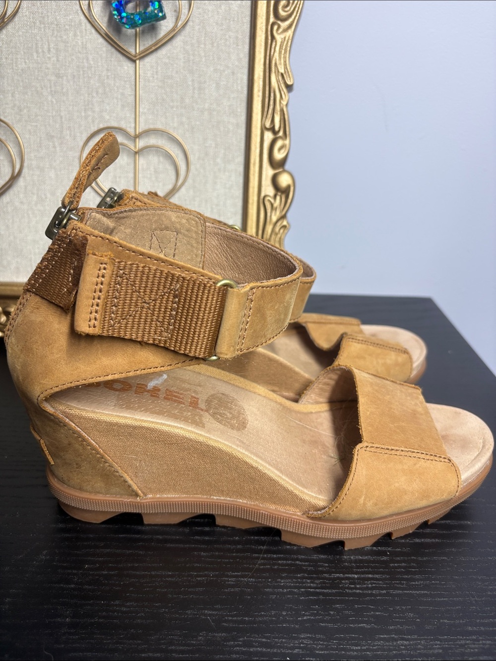 Women's Suede Tan Wedge Sandals with Ankle Strap